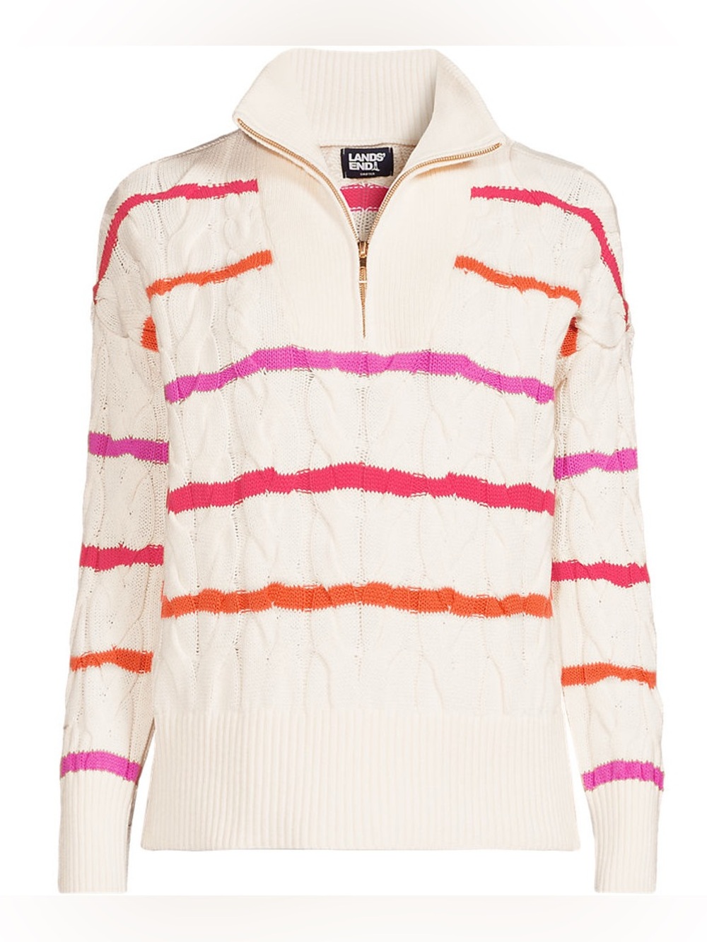 Lands' End Drifter Cable Knit Quarter Zip Striped Sweater Size S